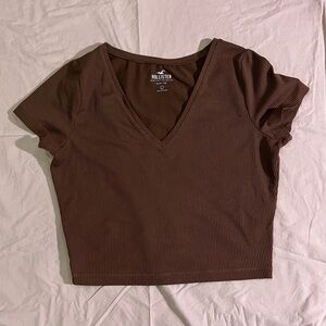 Large, Hollister, brown V neck crop top, slight pilling